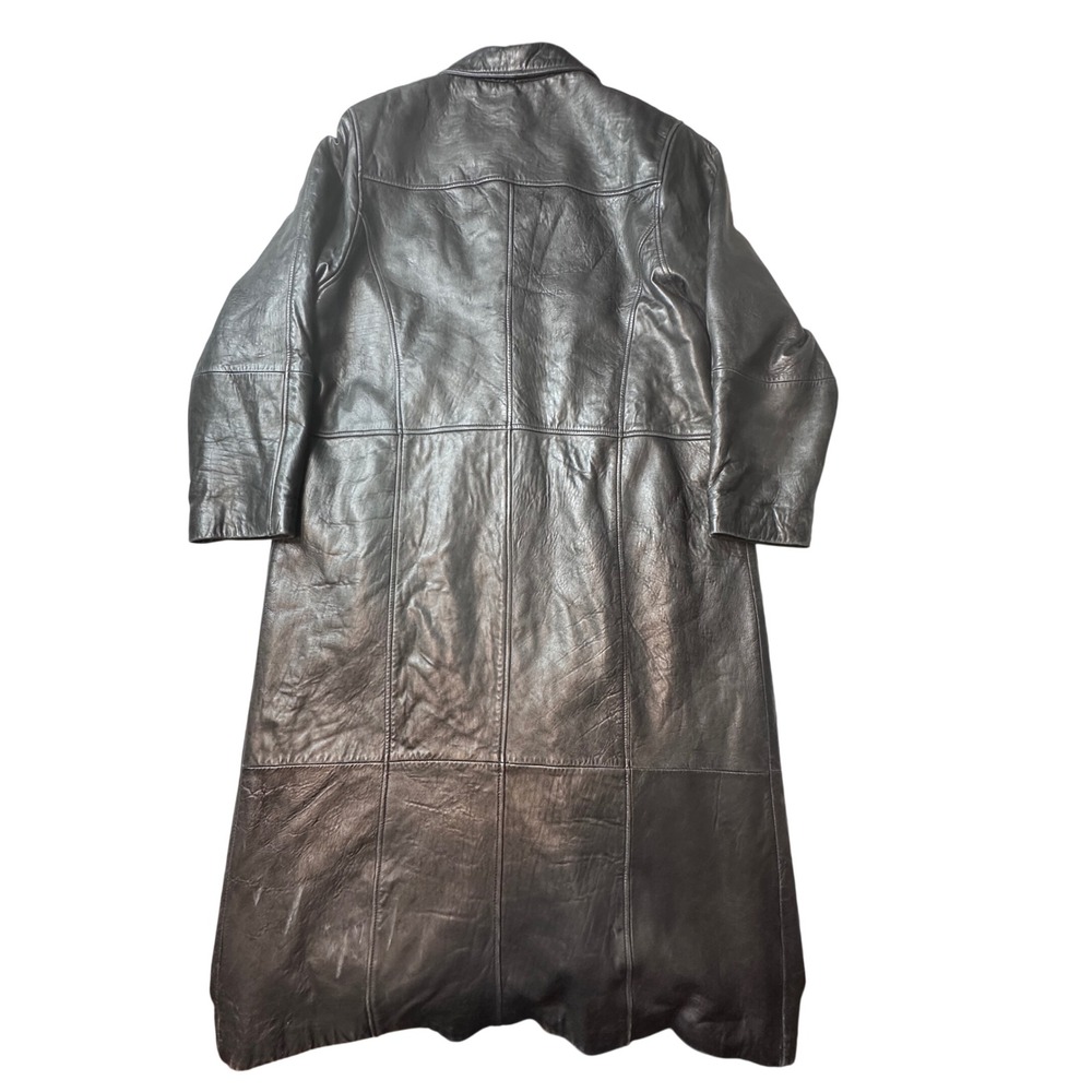 Komitor Trench Coat Womens 1X Black Genuine Leather Long Button Front Matrix
